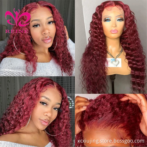 99J Colored Lace Front Human Hair Wigs Deep Wave Burgundy 13x4 HD Transparent Lace Frontal Wig Glueless Wine Red Wig For Women